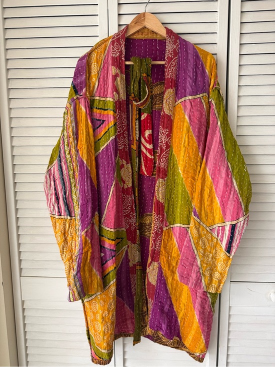kantha Jackets & Blazers - Boho Kantha kimono in Pink, Purple, Mustard, Olive reversible PTP 27 length 41